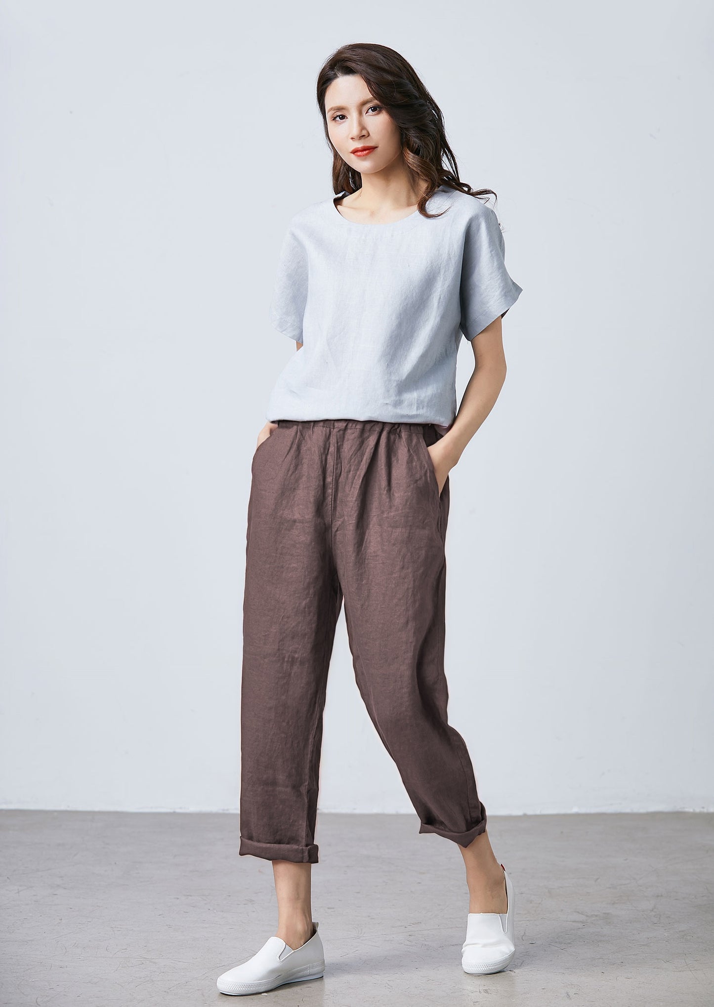 Linen Cropped Pants: Tapered Loose Fit with Elastic Waist, Ylistyle C5325