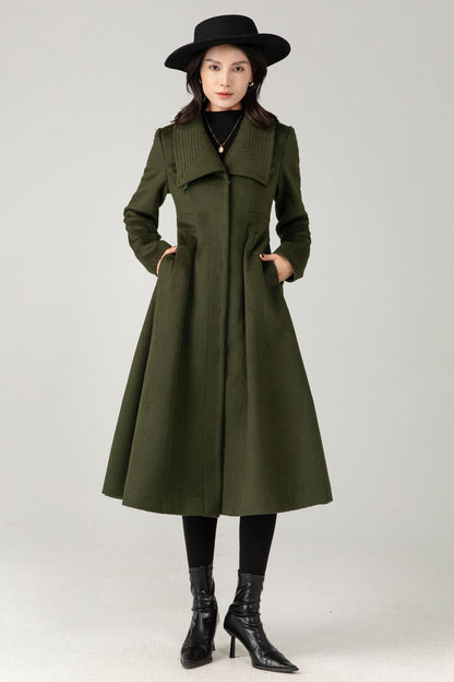 Army Green Wool Midi Coat: Women Tailored Winter Coat with Statement Collar C5335