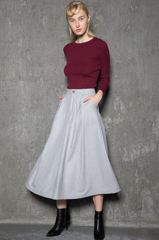 Gray pleated winter wool skirt women C737