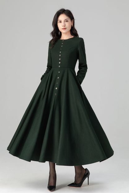 Retro Button Down Dark Green Midi Maxi Wool Dress C5202