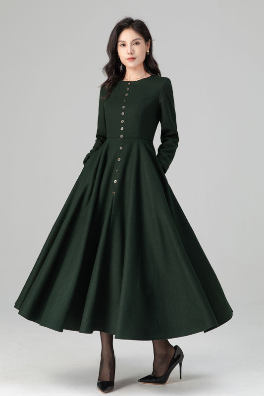 Retro Button Down Dark Green Midi Maxi Wool Dress C5202