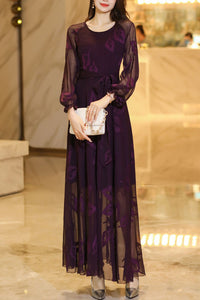 Summer Purple Long Sleeve Chiffon Dress C4110