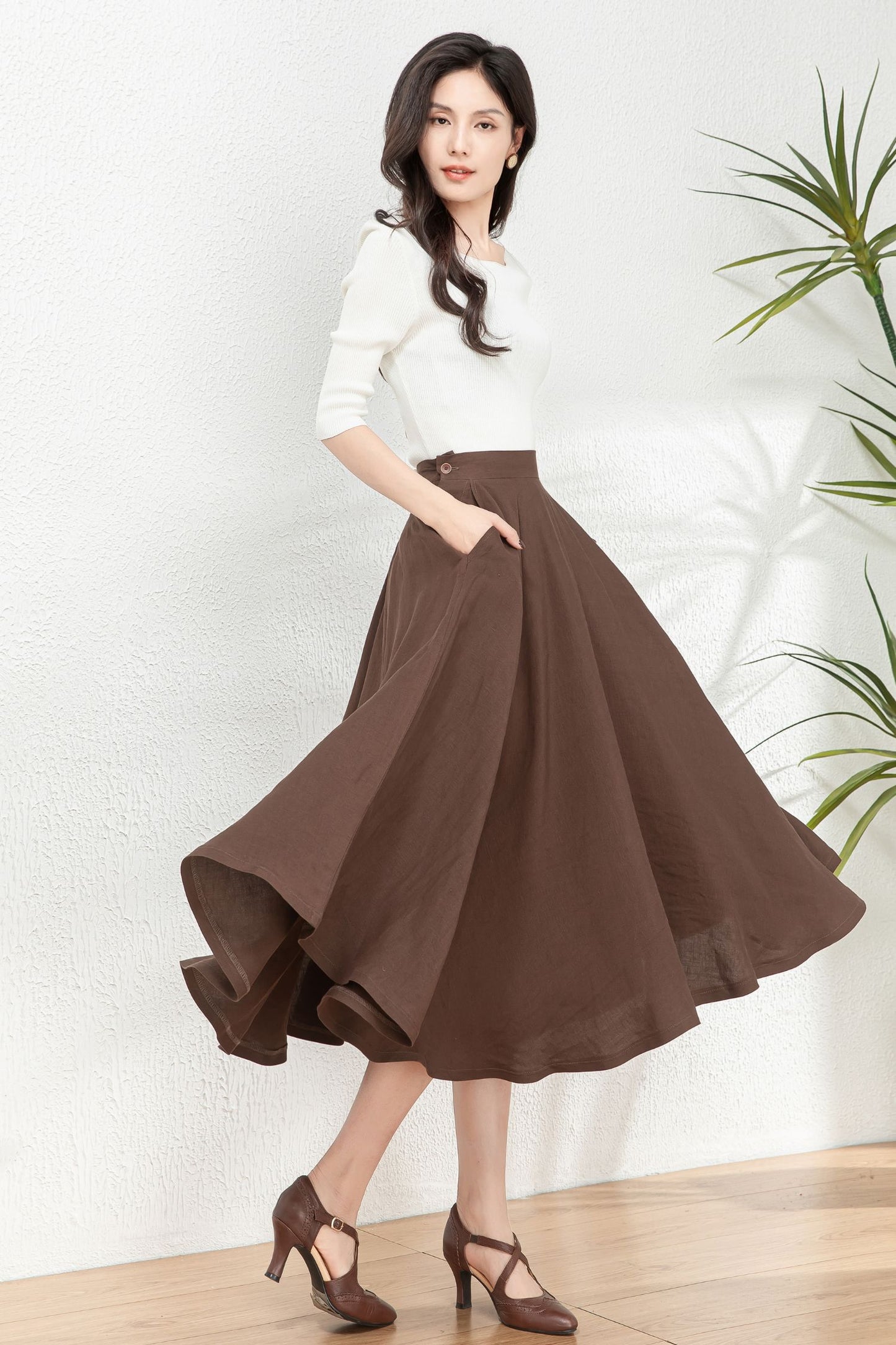 Brown Linen Swing Mid-Length A-Line Skirt C4764