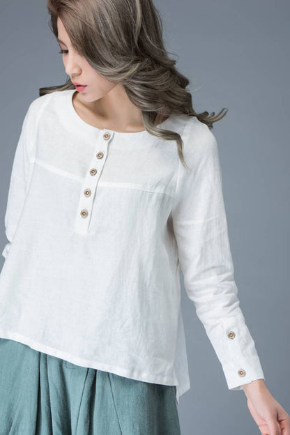 White linen causal womens long sleeves blouse C834