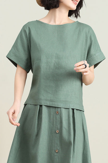 Green casual linen summer blouse C4727