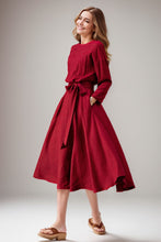 Load image into Gallery viewer, Women&#39;s Spring Burgundy Linen belted Dress C4104
