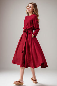 Women's Spring Burgundy Linen belted Dress C4104