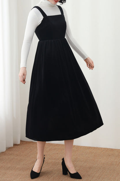 Black Velvet Midi Dress – Sleeveless A-Line Pinafore Dress with Square Neck, Autumn Winter Wear, Handmade, Ylistyle C5447
