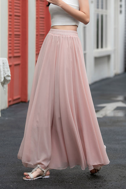 A line pink long chiffon skirt women C5034