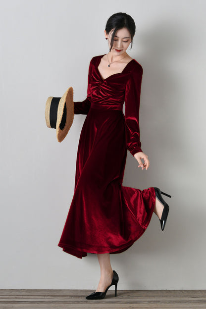 Elegant Burgundy Velvet Long Dress C4699