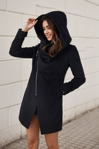 Black Hooded Asymmetrical Wool Coat C4323