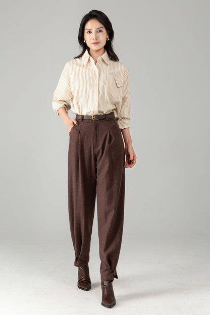 Brown Wool Tapered Trousers: Women’s Vintage-inspired Lantern Pants C5340