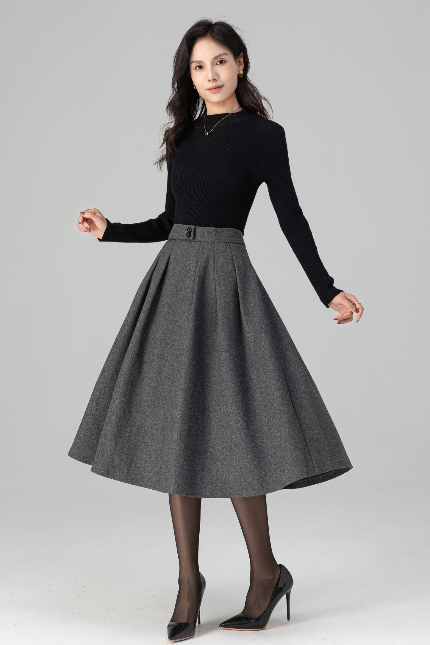 Winter Warm Pleated Midi High Waist Wool Skirt C5200