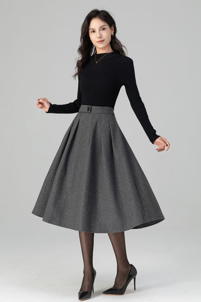 Winter Warm Pleated Midi High Waist Wool Skirt C5200