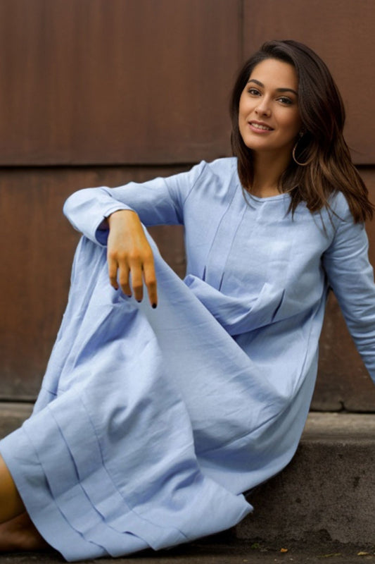 Blue Linen Dress - Semi-Fitted Long Midi Plus Size Long-Sleeved dress C4631