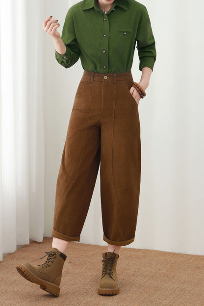 Brown Cotton Corduroy Barrel Pants - High Waist Relaxed Fit Cropped Trousers c5449