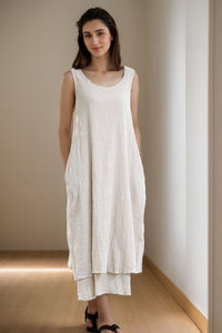 Casual sleeveless linen dress with double layerd hem C282