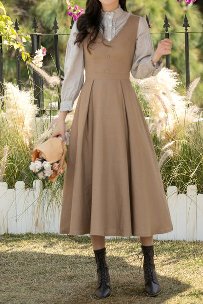 Khaki Linen Pinafore Midi Dress: Sleeveless A-Line Dress with Pockets, Ylistyle C5437