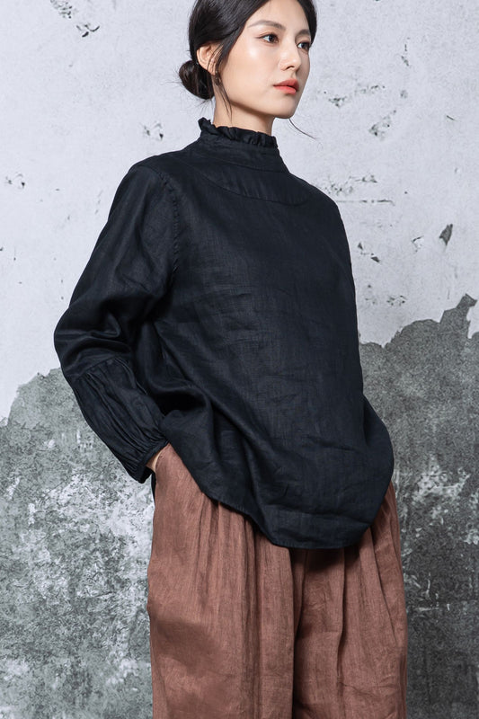 Black Linen Blouse for Women – Loose Fit Long Sleeve Linen Top with Ruffle Neck, Ylistyle C5461
