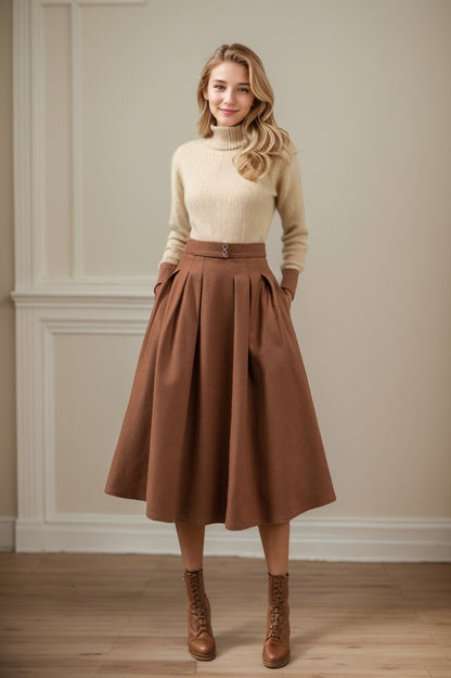 Pleated midi winter wool skirt with pockets C4445