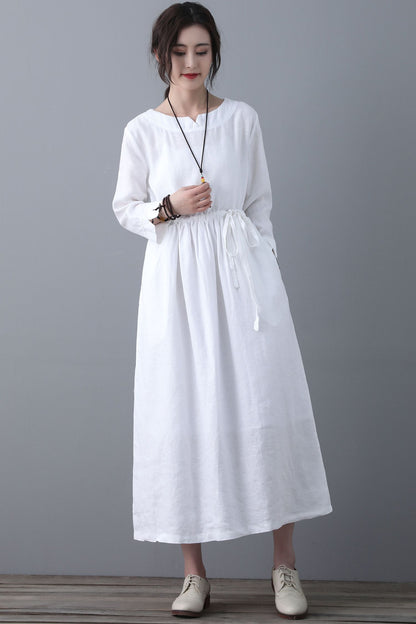 White Linen Casual Long Sleeve Drawstring Waist Dress C4617