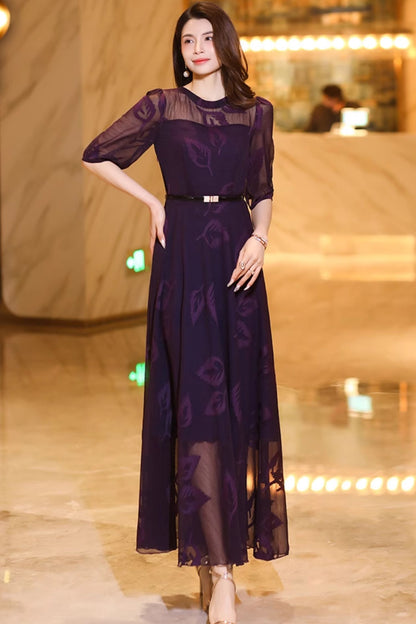 Purple prom long chiffon dress women C4931
