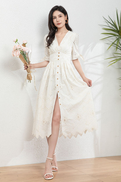 Cream White Embroidered Cotton Midi Dress c4980