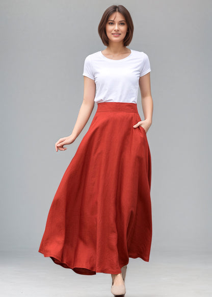 Orange Swing Long Maxi Linen Skirt C5146