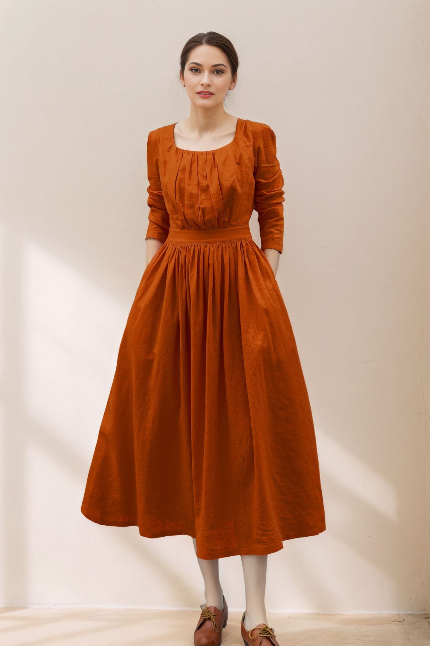 Long Sleeve Orange Linen Dress for Women C5364