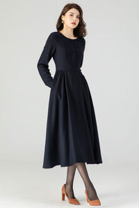 Navy Blue Midi Wool Dress C3616