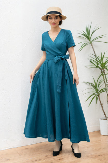 Womens long linen summer wrap dress C5365