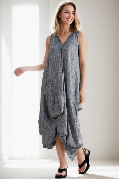 Grey Loose-Fitting V neck Linen Dress C257
