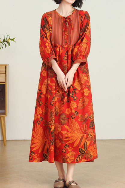 Plus size Long floral linen maxi dress C4734