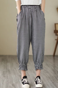 Plaid loose fitting linen pants women C4430