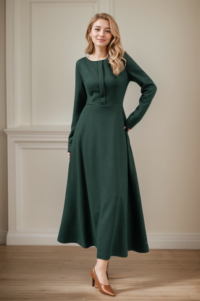 Green maxi winter wool dress women C4443