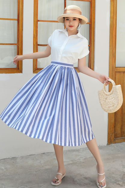 Striped linen Midi A-Line Skirt c4840