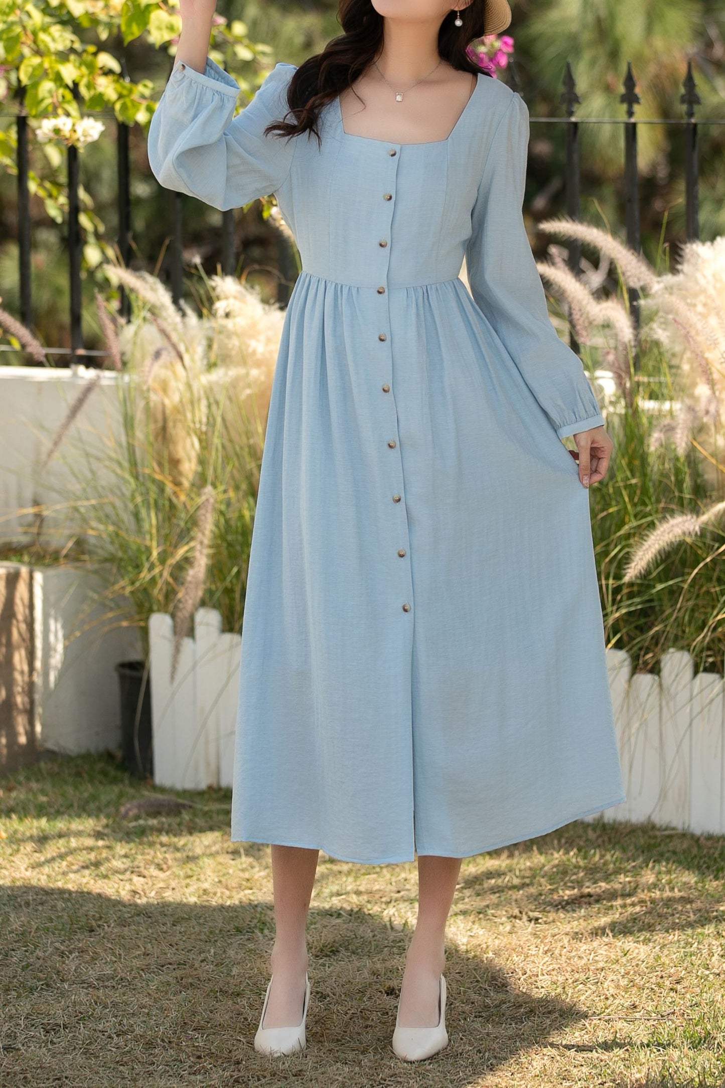 Blue Linen Midi Dress: Square Neck Long Sleeve Button Front A-Line Dress, Ylistyle C5442