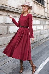 Red classic winter wool dress women C4500