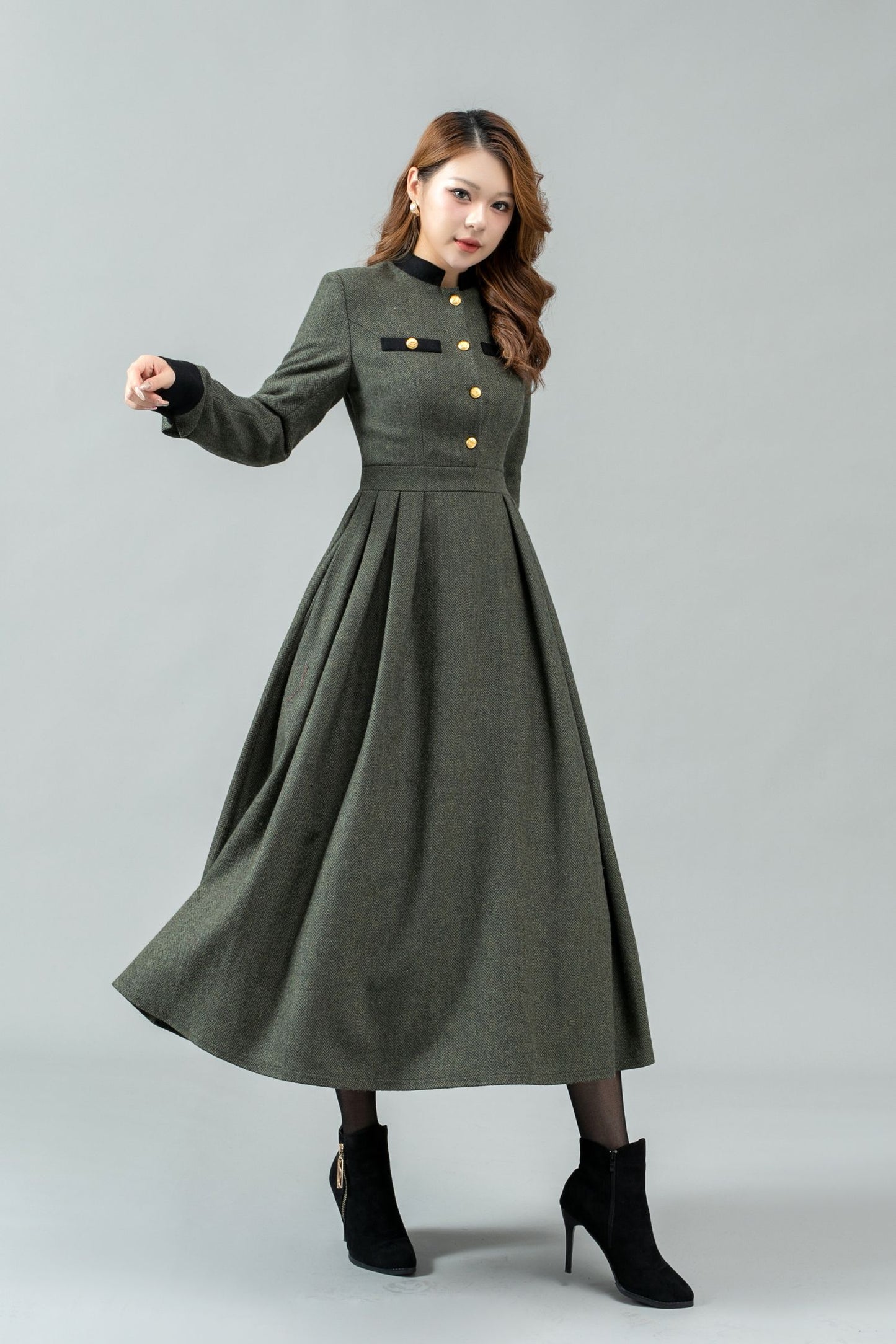 Button front army green winter wool dress C4441