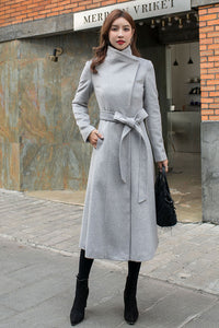 Grey Long Wool Wrap Coat Women C2575