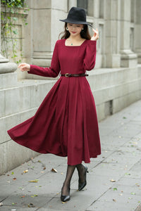 Red classic winter wool dress women C4500