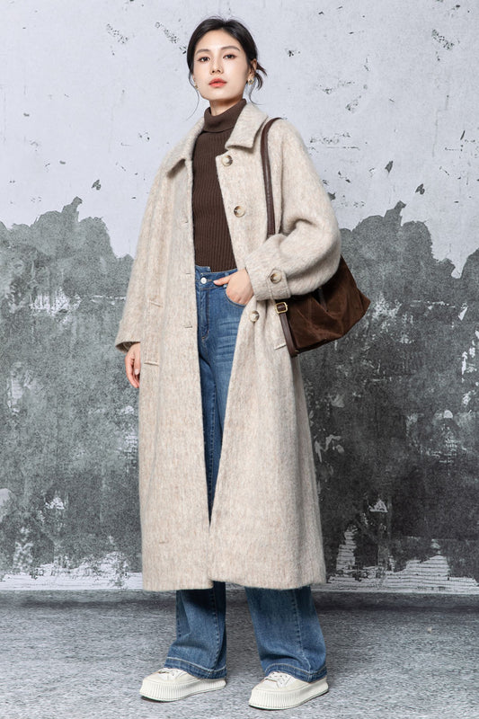 Oversized Camel Wool Blend Coat: Minimalist Long Wool Overcoat, Ylistyle C5479