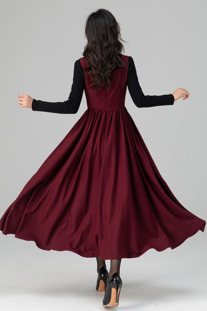 Square Neck Maxi Pinafore Wool Dress for Women C5201