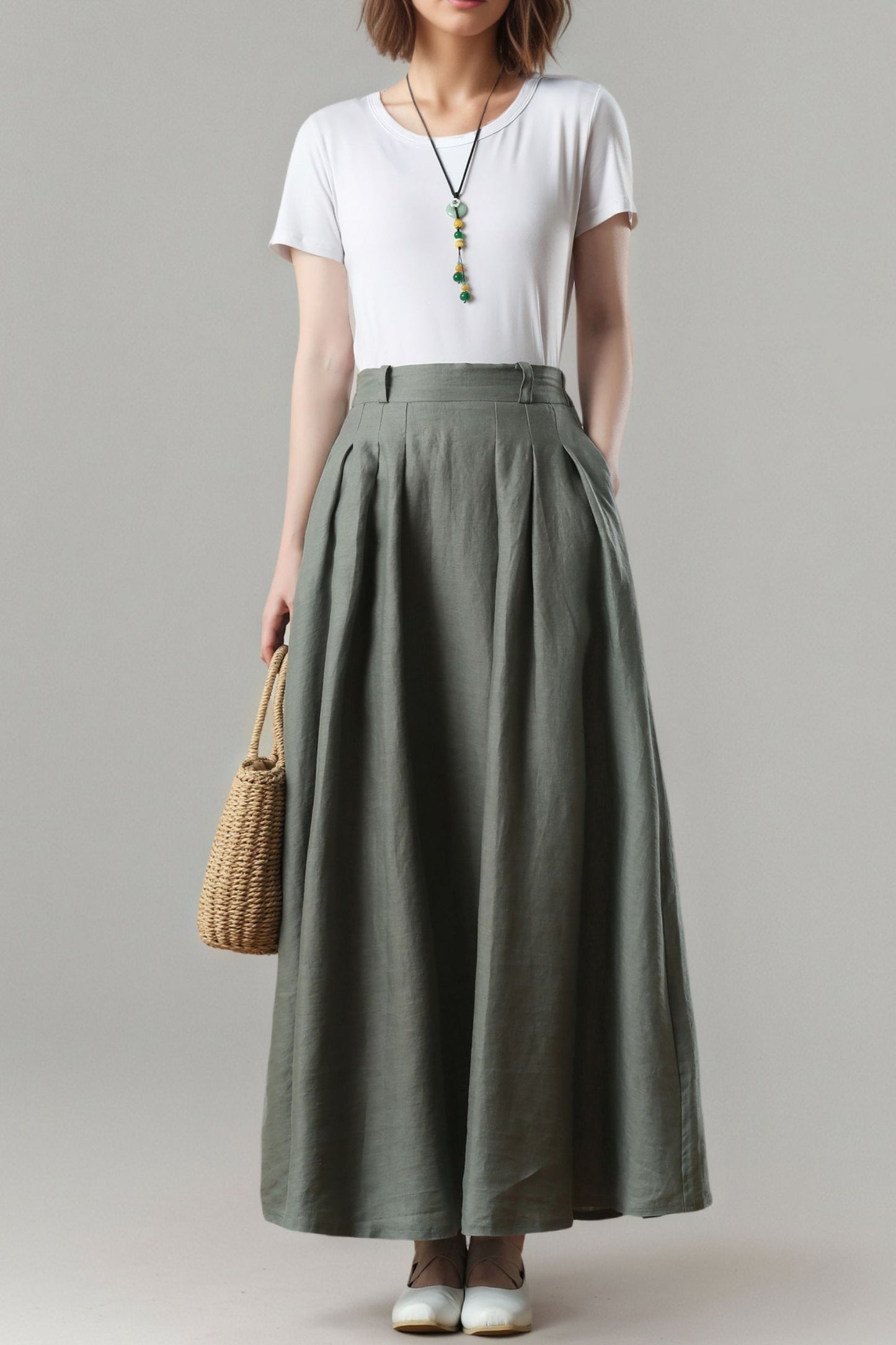 Green Linen Maxi Skirt, A-Line Swing Skirt, Plus Size, Ylistyle C5406
