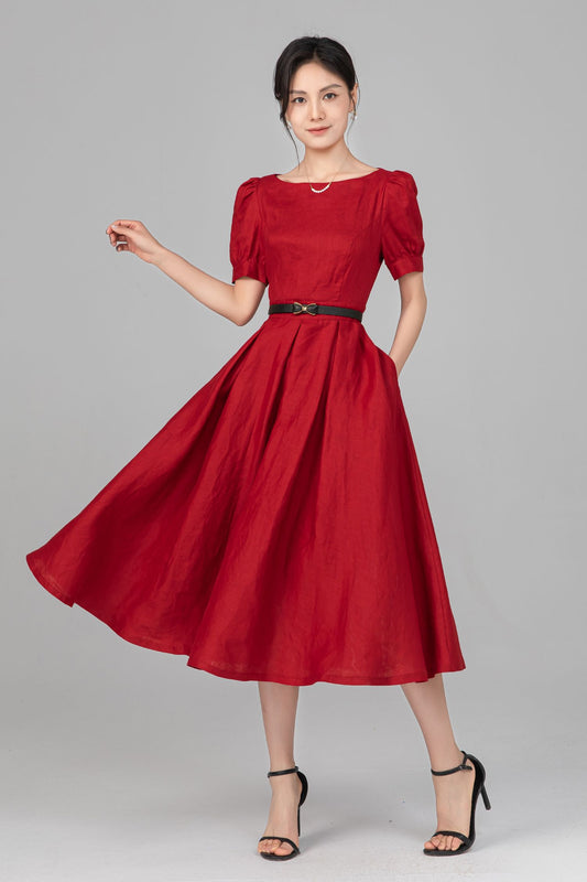 Red Linen Puff Sleeve Midi Dress - A-Line Bow Waist | Ylistyle C5517