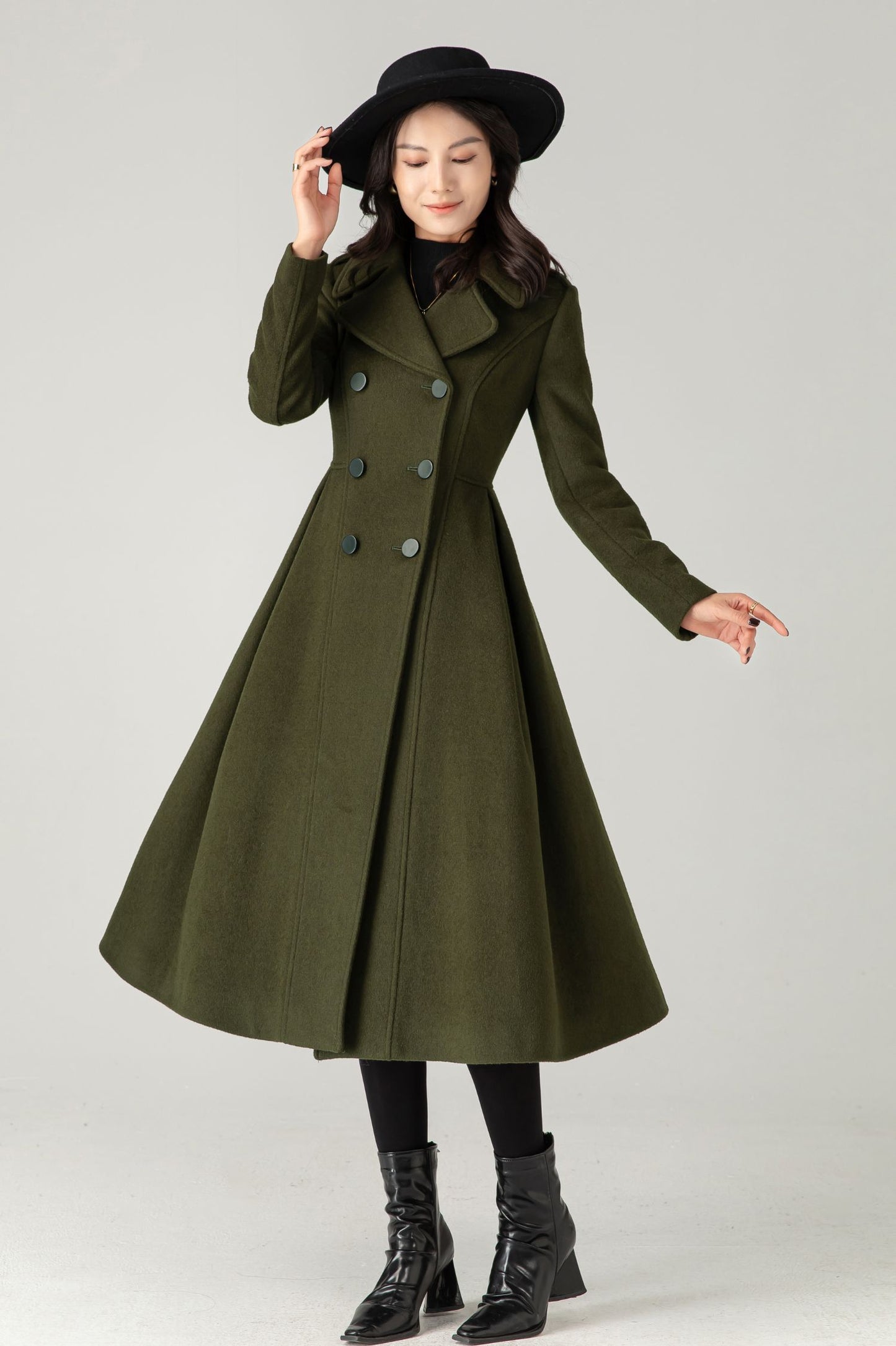 Vintage Inspired Long Princess Coat in Army Green C5342