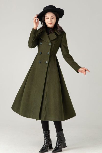 Vintage Inspired Long Princess Coat in Army Green C5342
