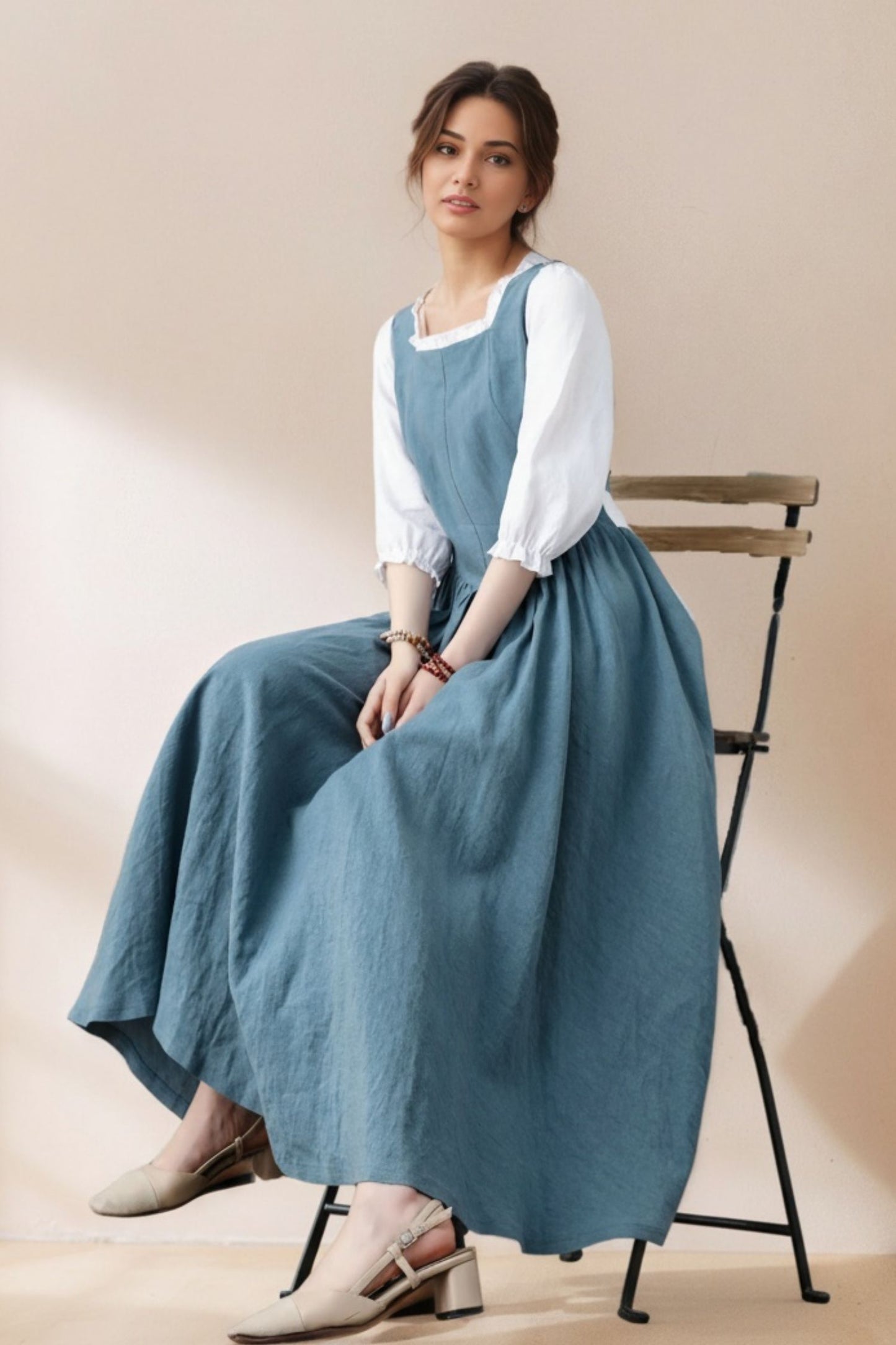 Handmade Pleated Swing Midi Linen Dress C5386