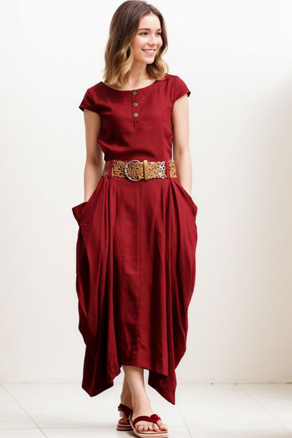 Linen Summer red womens asymmetrica dress C255
