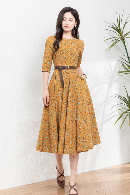 Floral swing linen dress women C4768